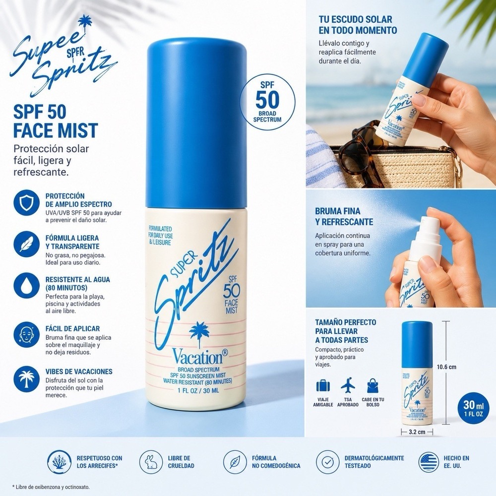 Vacation‎ Super Spritz SPF 50 Face Mist Broad Spectrum Travel Size Sunscreen